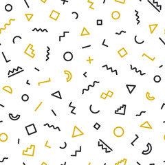 Memphis seamless pattern on white background. Hipster memphis style. Trendy memphis style. Geometric seamless pattern different shapes black and gold color. Vector Illustration