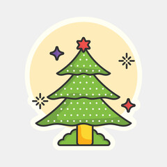 Decorated Xmas Tree Colorful Sticker Or Icon In Flat Style.