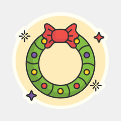 Sticker Style Colorful Christmas Wreath Icon In Flat Style.