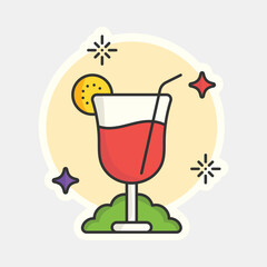 Sticker Style Decorate Cocktail Glass On White Background.