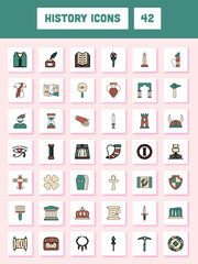 Teal Green And Brown Color Set Of History Icons In Flat Style.