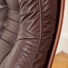 Elegant burgundy brown leather reclining Norwegian design chair. Backrest curve detail view.