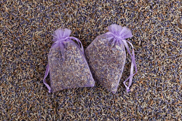 Two purple organza pouch with natural dried lavender flowers. Lavender bud dry flower sachet...