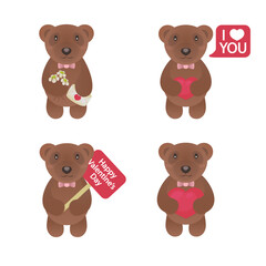Obraz na płótnie Canvas Valentine bear set with flowers and lovely letter, heart, sign i love you and congratulation Happy Valentine's day for use greeting card, stamps, label, posters and romantic quote. Vector Illustration