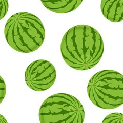 Vector background with whole green striped watermelons on white. Fruit seamless pattern. Cartoon flat illustration.