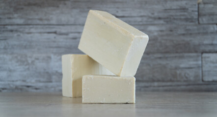 Natural Olive oil soap. Organic handmade soap bars with olive branch concept. Skin care products. Selective focus.
