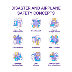 Disaster and airplane safety concept icons set. Emergency preparedness idea thin line color illustrations. Be attentive. Isolated symbols. Editable stroke. Roboto-Medium, Myriad Pro-Bold fonts used