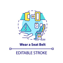 Wear seatbelt concept icon. Airplane passenger safety abstract idea thin line illustration. Shoulder harnesses. Isolated outline drawing. Editable stroke. Arial, Myriad Pro-Bold fonts used