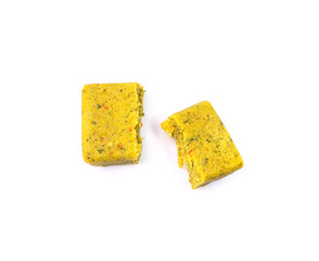 Stock cube isolated. Vegetable stock concentrat, broth cubes, bouillon cube, instant spice soup ingredient on white background