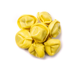 Tortellini isolated. Agnolotti, cappelletti, italian dumplings, stuffed pasta, yellow tortelloni, handmade ravioli, cappelletti, uszka on white background top view