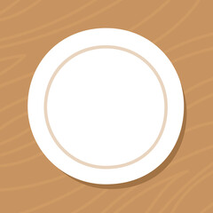 Empty clean dinner plate on a wooden table. Top view. Design round template. Dishes for food. Background template. Flat vector illustration banner