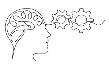 Head of a man and gears , drawn in one line on a white background. One-line drawing. Continuous line. Vector