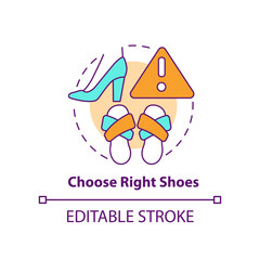 Choose right shoes concept icon. Surviving air accident abstract idea thin line illustration. Comfortable option. Isolated outline drawing. Editable stroke. Arial, Myriad Pro-Bold fonts used