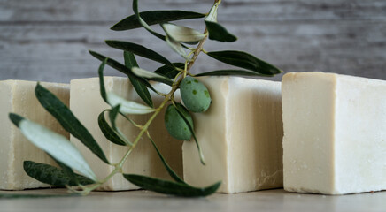 Natural Olive oil soap. Organic handmade soap bars with olive branch concept. Skin care products....