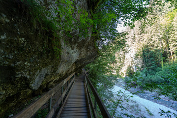 Weg durch den Wald, Fußweg zwischen Bäumen in einem Mischwald. Bäume stehen auf bewachsenen Felsen im Märchenland. wunderschöne Bürserschlucht mit zauberhaften Plätzen, lichtdurchflutet