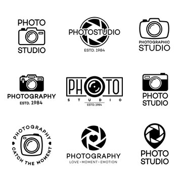 Set of photography logo and photo studio label black color. Vector design elements, business signs, logos, identity, labels, badges and other branding objects for your business. Vector illustration