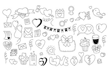 Fototapeta na wymiar Collection, love, romance and wedding doodles. Letters of love, cupids arrow, sweets, lock, key, champagne and glass, broken, wounded heart, gender signs and love bird. Isolated vector line drawings.
