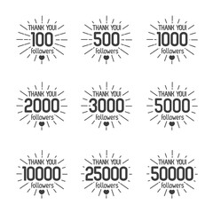 Thank you for followers isolated black label set with sunburst. Vector Illustration