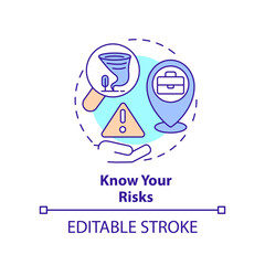 Know risks concept icon. Prepare business for disaster abstract idea thin line illustration. Employee safety procedures. Isolated outline drawing. Editable stroke. Arial, Myriad Pro-Bold fonts used