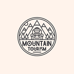 Mountain tourism logo consisting of mountains and backpack line style isolated on background for camping logotype, travel badge, explore emblem, hiking sticker, climbing symbol, expedition label