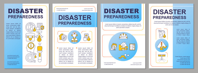 Naklejka premium Prepare for potential disasters blue brochure template. Leaflet design with linear icons. Editable 4 vector layouts for presentation, annual reports. Arial, Myriad Pro-Regular fonts used