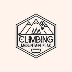 Climbing logo consisting of mountains and trees line style isolated on background for camping logotype, travel badge, explore emblem, hiking sticker, tourist symbol, expedition label, poster, banner