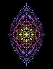 Color circular pattern in form of mandala with flower for decoration or print. Decorative ornament in ethnic oriental style. Rainbow design on black background.