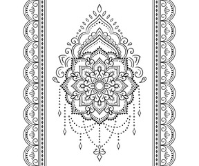 Set of mandala pattern and seamless border for Henna drawing and tattoo. Decoration in ethnic oriental mehndi, Indian style. Doodle ornament in black and white. Hand draw vector illustration.
