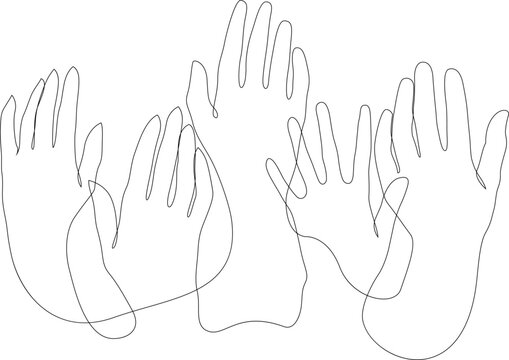 One single line drawing of group of people raising their hands up into the air. Business team work concept. Modern continuous line draw design graphic vector illustration