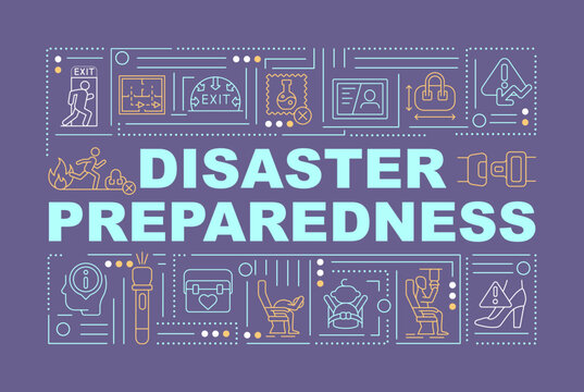 Emergency preparedness word concepts purple banner. Surviving accidents. Infographics with editable icons on color background. Isolated typography. Vector illustration with text. Arial-Black font used