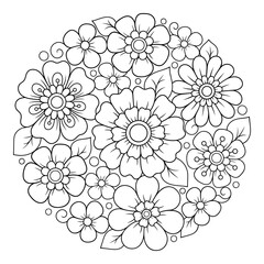 Outline round flower pattern in mehndi style for coloring book page. Antistress for adults and children. Doodle ornament in black and white. Hand draw vector illustration.