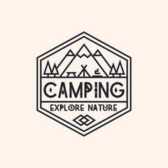 Camping logo consisting of mountains, camp and trees line style isolated on background for explore emblem, hiking sticker, tourist symbol, travel badge, expedition label, poster, banner, t-shirt