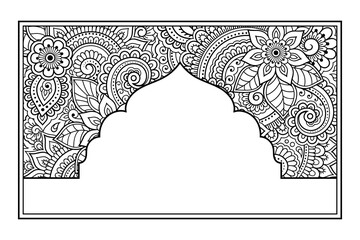 Arab mosque door or window silhouette. Oriental floral pattern in the mehndi style. Concept Islam greeting card or banner or room design. Vector flat design illustration. - obrazy, fototapety, plakaty