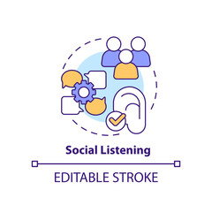 Social listening concept icon. Networks monitoring. Research for content design abstract idea thin line illustration. Isolated outline drawing. Editable stroke. Arial, Myriad Pro-Bold fonts used