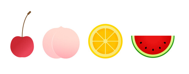 Fruit graphic illustration set. Cherry, peach, orange, watermelon.