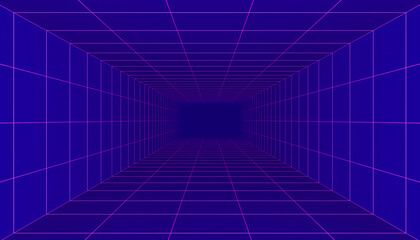 Virtual reality tunnel on metaverse background. Perspective grid of empty tunnel with light on loop.