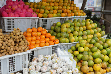 traditional fruit shop with all kinds of variety in the basket. fruit market background