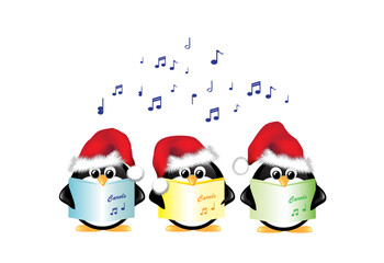 Winter cartoon penguins wearing Santa hats and singing Christmas Carols. Isolated on white. EPS10 vector format.