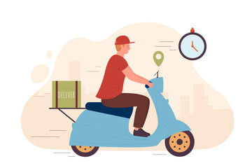 Obraz na płótnie Canvas Express delivery service, deliveryman riding scooter fast to deliver orders from cafe, shop or restaurant. Cartoon tiny boy courier on moped and clock flat vector illustration. Shipment concept