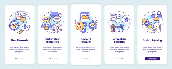 Research for content design onboarding mobile app screen. Data walkthrough 5 steps editable graphic instructions with linear concepts. UI, UX, GUI template. Myriad Pro-Bold, Regular fonts used