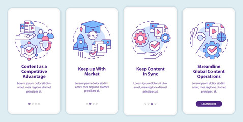 Content design strategies onboarding mobile app screen. Business walkthrough 4 steps editable graphic instructions with linear concepts. UI, UX, GUI template. Myriad Pro-Bold, Regular fonts used