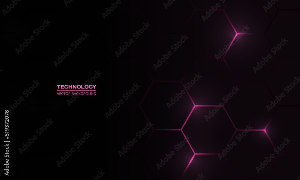 Poster Dark pink hexagonal technology vector abstract background. Pink bright energy flashes under hexagon in modern technology futuristic background vector illustration. Dark crimson honeycomb texture grid.