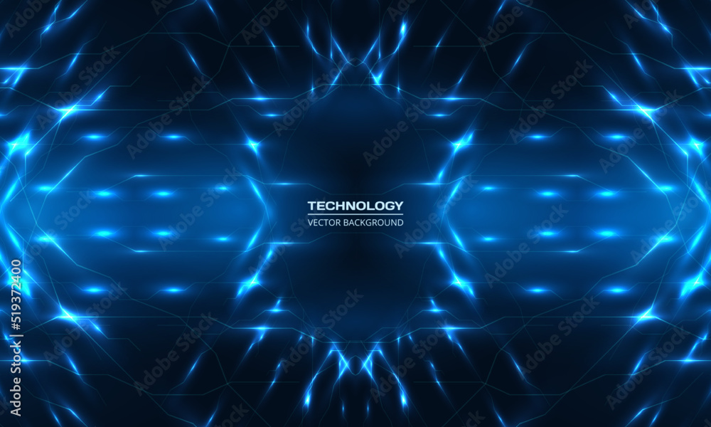 Poster Abstract digital technology background with blue lines and light rays effect. Ai tech futuristic virtual reality cyberspace background. Vector illustration