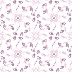 Seamless watercolor pattern of purple branches with delicate leaves and bunches of berries. Abstract illustration isolated on white background