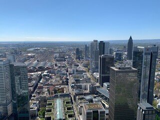 Fototapeta premium Aerial, top view of downtown Frankfurt high rises and skyscrapers. Financial and business district. View from Main tower observation deck. Frankfurt am Main, Hesse, Germany