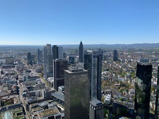 Aerial, top view of downtown Frankfurt high rises and skyscrapers. Financial and business district. View from Main tower observation deck.  Frankfurt am Main, Hesse, Germany
