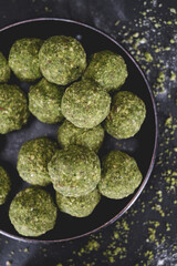 Ingredients to make falafel. Grounded chick peas.  Green healthy food. Vegan delicious dish. Vegetarian meal. Food preparation. Arabic dish.