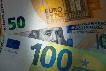 American dollars and euro money. Inflation rates. Price growth. Economy crisis, poverty,...