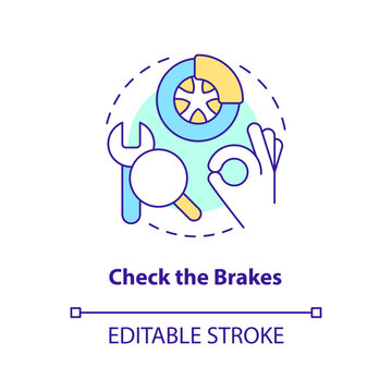 Check Brakes Concept Icon. Mechanical Device. Driving Safety For Commercial Drivers Abstract Idea Thin Line Illustration. Isolated Outline Drawing. Editable Stroke. Arial, Myriad Pro-Bold Fonts Used