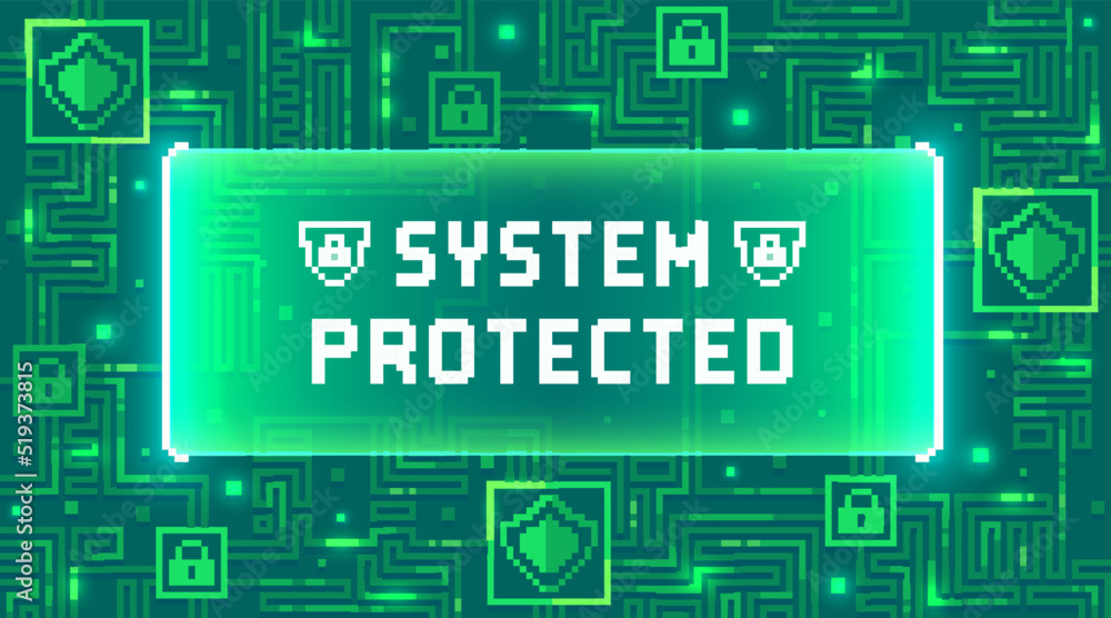 Poster web banner with the phrase system protected. concept of cyber security, computer protection or antiv
